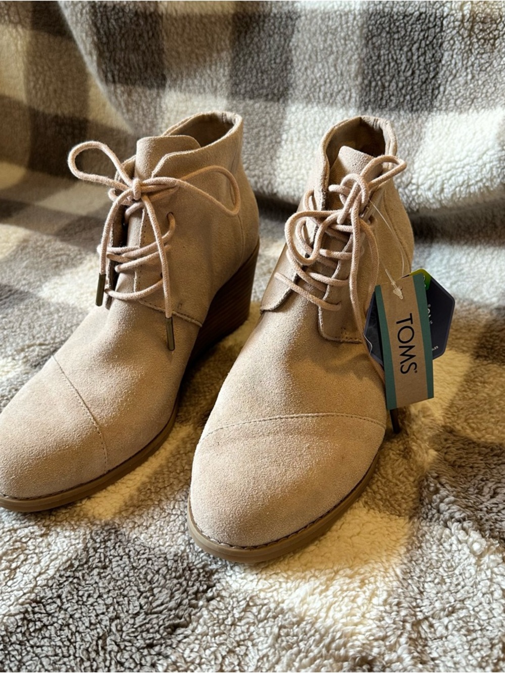 TOMS Beige Suede Lace-Up Wedge Ankle Boots